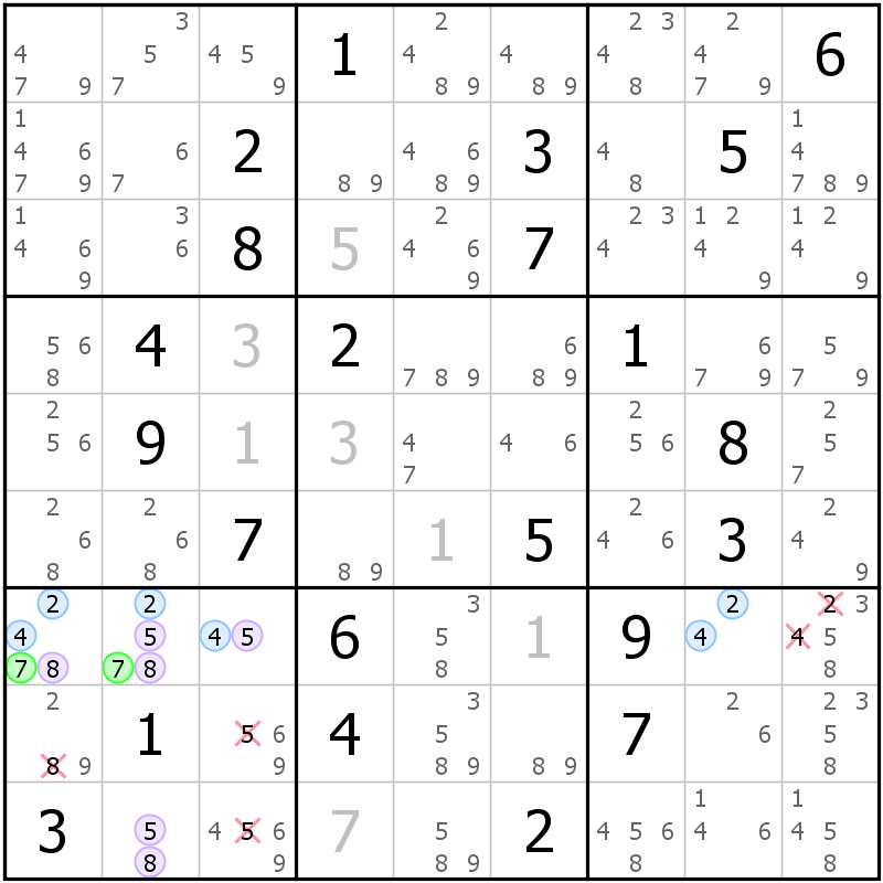 Position des candidats pour la solution de la grille page 48 du magazine de sudoku grandmaitre n° 6