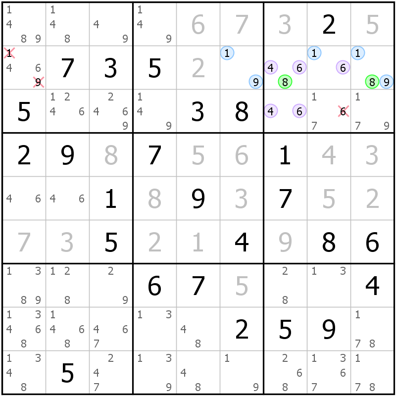 Position des candidats pour la solution de la grille page 49 du magazine de sudoku grandmaitre n° 6