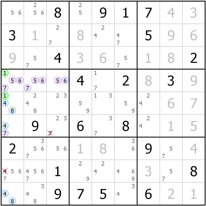 Position des candidats pour la solution de la grille page 51 du magazine de sudoku grandmaitre n° 6