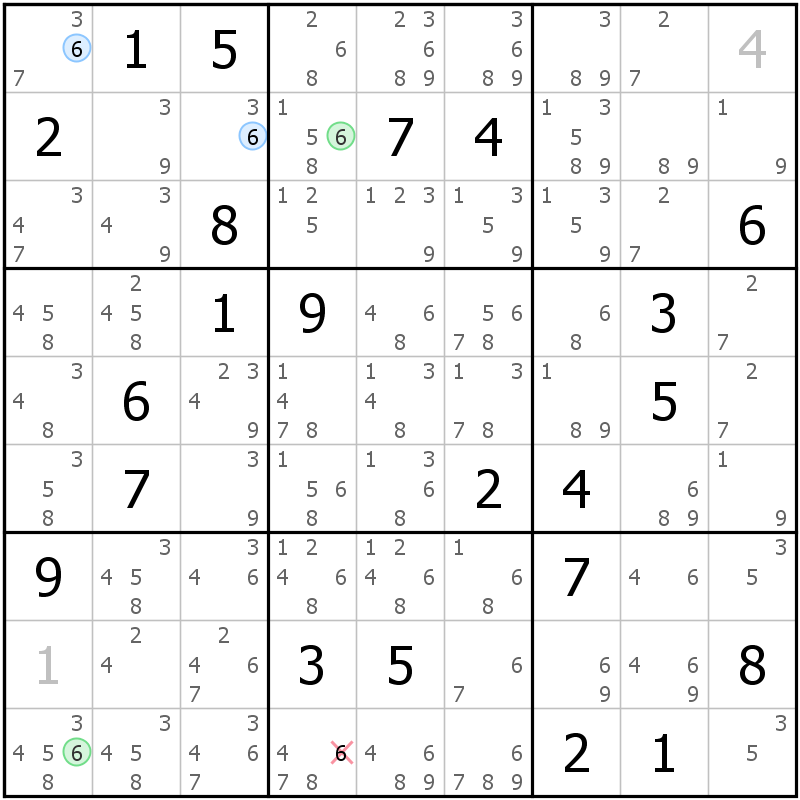 Position des candidats pour la solution de la grille page 54 du magazine de sudoku grandmaitre n° 6