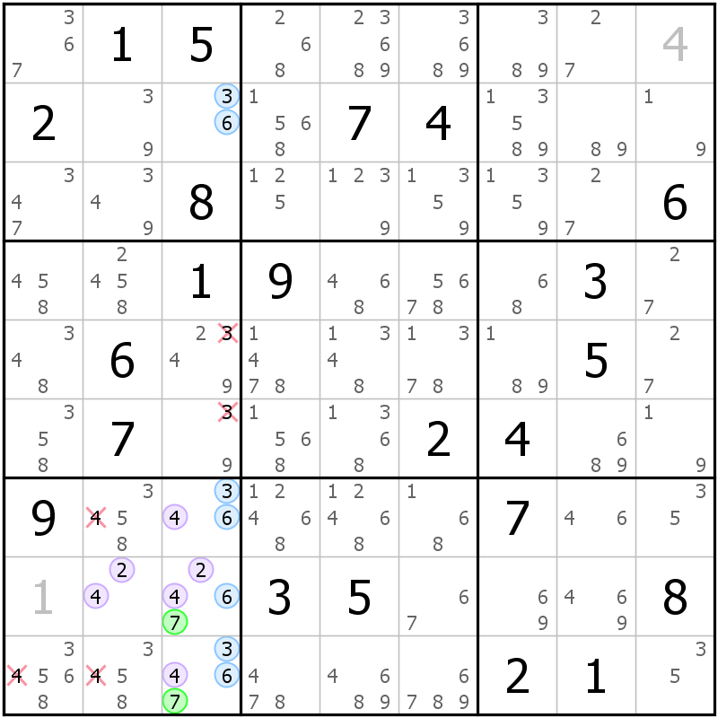 Position des candidats pour la solution de la grille page 54 du magazine de sudoku grandmaitre n° 6