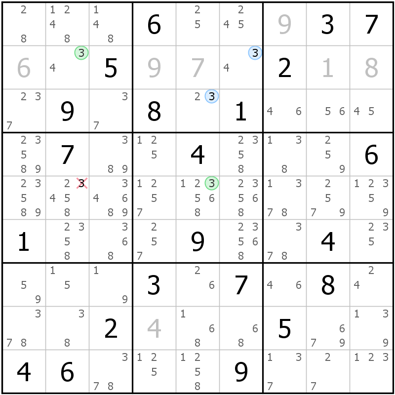 Position des candidats pour la solution de la grille page 55 du magazine de sudoku grandmaitre n° 6