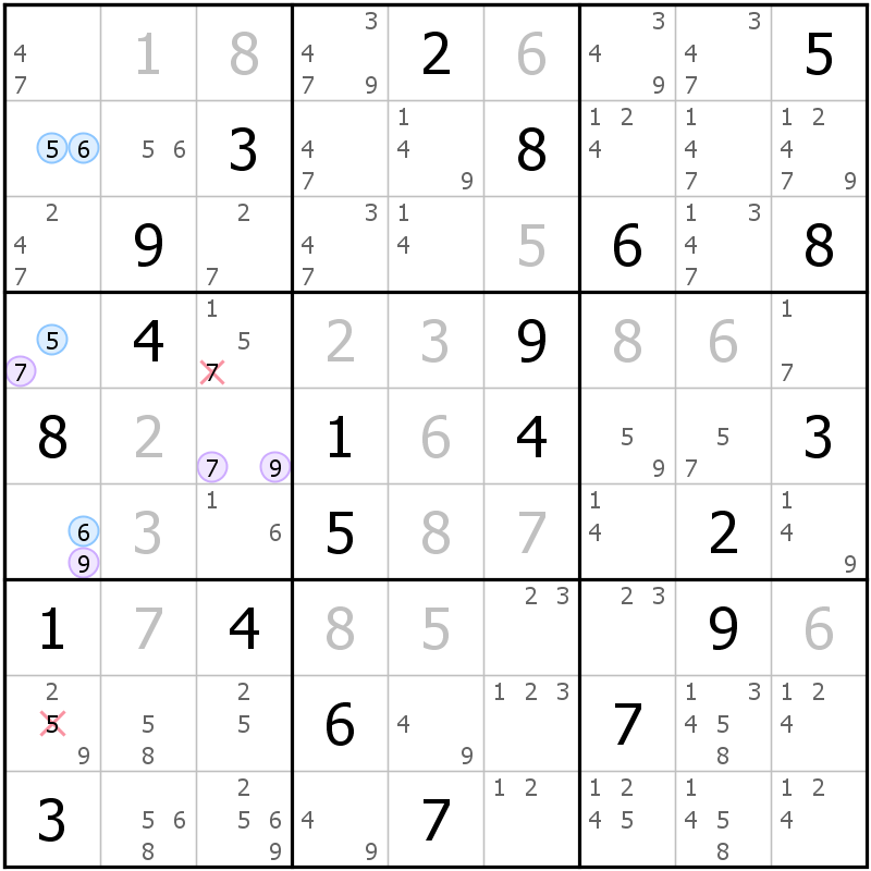 Position des candidats pour la solution de la grille page 56 du magazine de sudoku grandmaitre n° 6