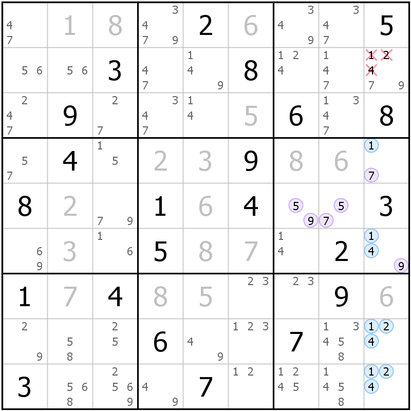 Position des candidats pour la solution de la grille page 56 du magazine de sudoku grandmaitre n° 6