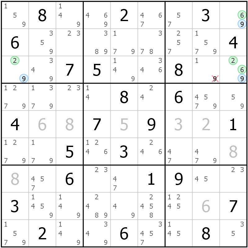 Position des candidats pour la solution de la grille page 57 du magazine de sudoku grandmaitre n° 6