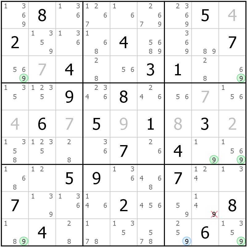 Position des candidats pour la solution de la grille page 58 du magazine de sudoku grandmaitre n° 6