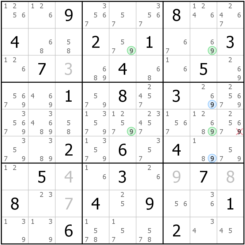 Position des candidats pour la solution de la grille page 59 du magazine de sudoku grandmaitre n° 6