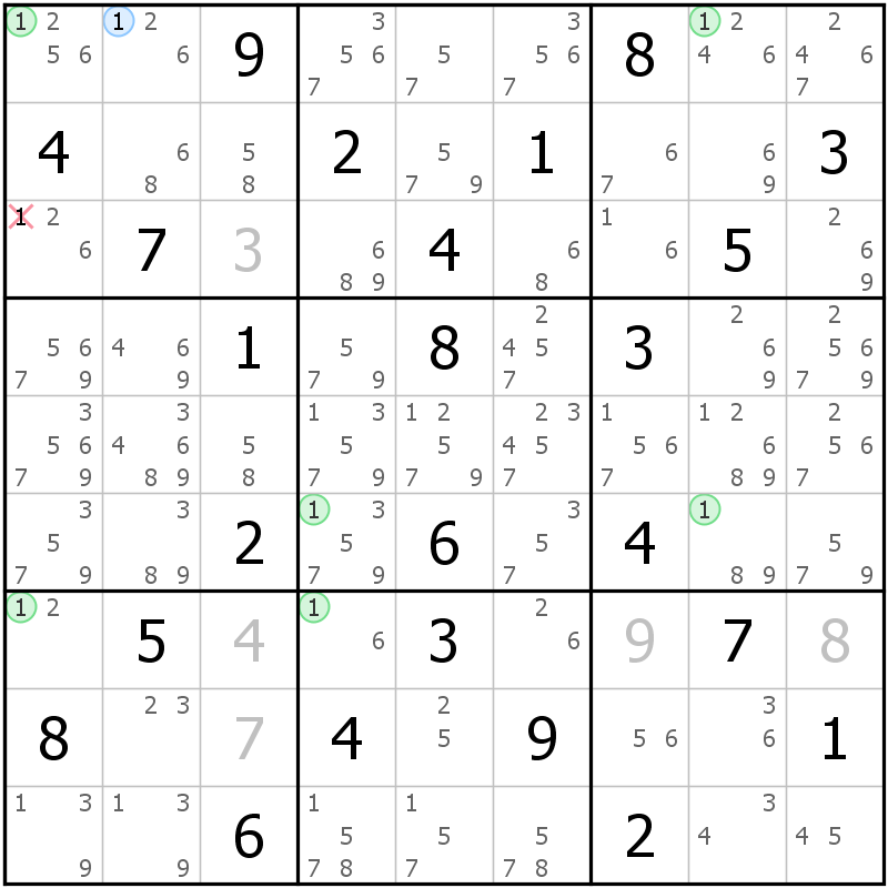 Position des candidats pour la solution de la grille page 59 du magazine de sudoku grandmaitre n° 6