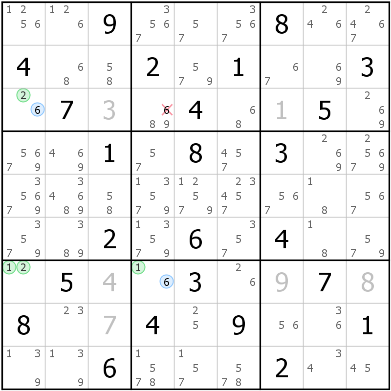 Position des candidats pour la solution de la grille page 59 du magazine de sudoku grandmaitre n° 6