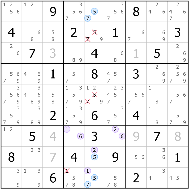 Position des candidats pour la solution de la grille page 59 du magazine de sudoku grandmaitre n° 6