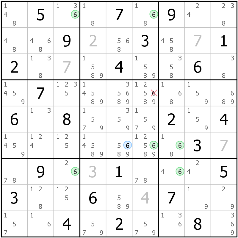 Position des candidats pour la solution de la grille page 60 du magazine de sudoku grandmaitre n° 6
