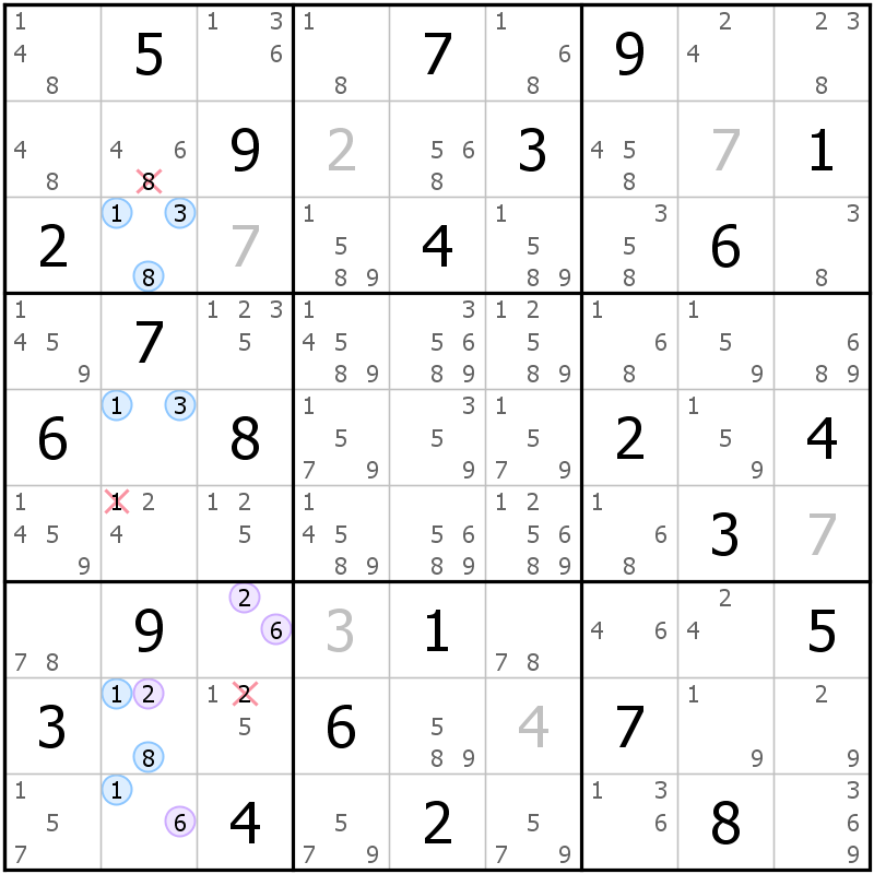 Position des candidats pour la solution de la grille page 60 du magazine de sudoku grandmaitre n° 6