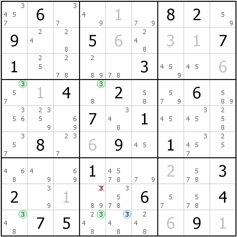 Position des candidats pour la solution de la grille page 61 du magazine de sudoku grandmaitre n° 6