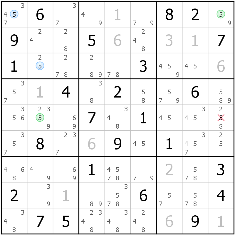 Position des candidats pour la solution de la grille page 61 du magazine de sudoku grandmaitre n° 6