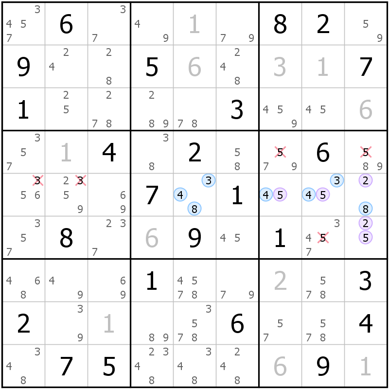 Position des candidats pour la solution de la grille page 61 du magazine de sudoku grandmaitre n° 6