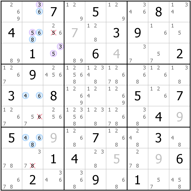 Position des candidats pour la solution de la grille page 62 du magazine de sudoku grandmaitre n° 6