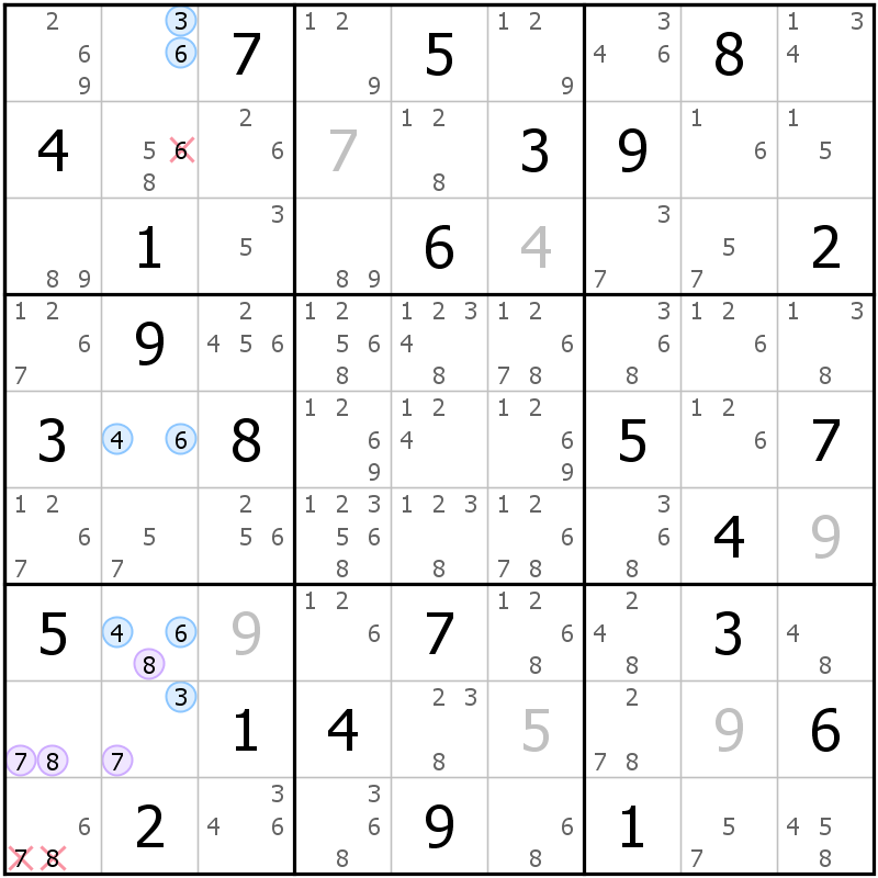 Position des candidats pour la solution de la grille page 62 du magazine de sudoku grandmaitre n° 6