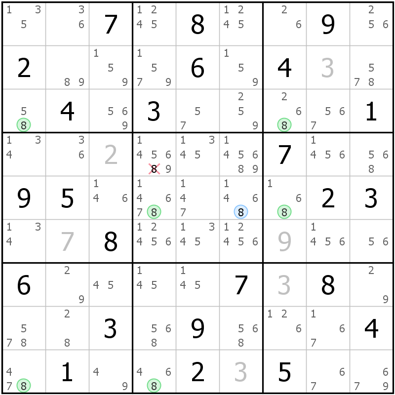 Position des candidats pour la solution de la grille page 63 du magazine de sudoku grandmaitre n° 6