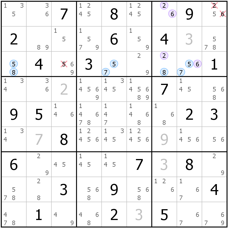 Position des candidats pour la solution de la grille page 63 du magazine de sudoku grandmaitre n° 6