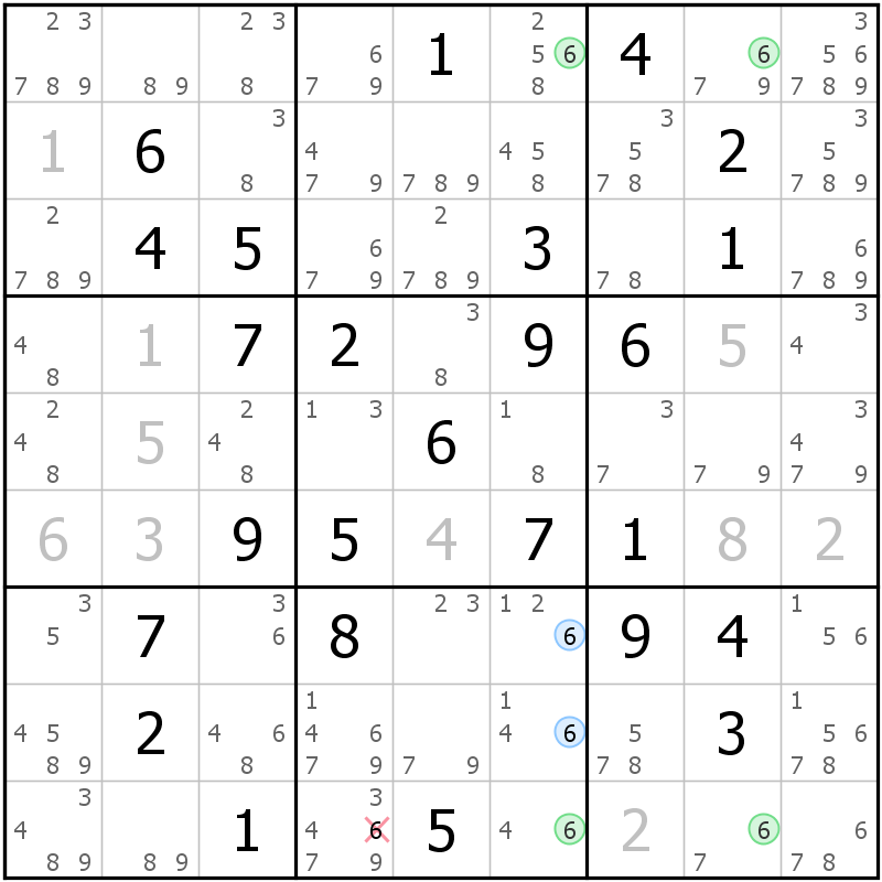 Position des candidats pour la solution de la grille page 64 du magazine de sudoku grandmaitre n° 6