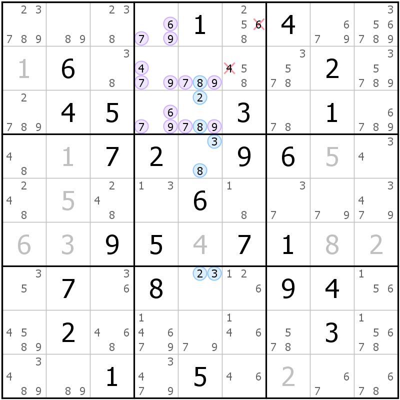 Position des candidats pour la solution de la grille page 64 du magazine de sudoku grandmaitre n° 6