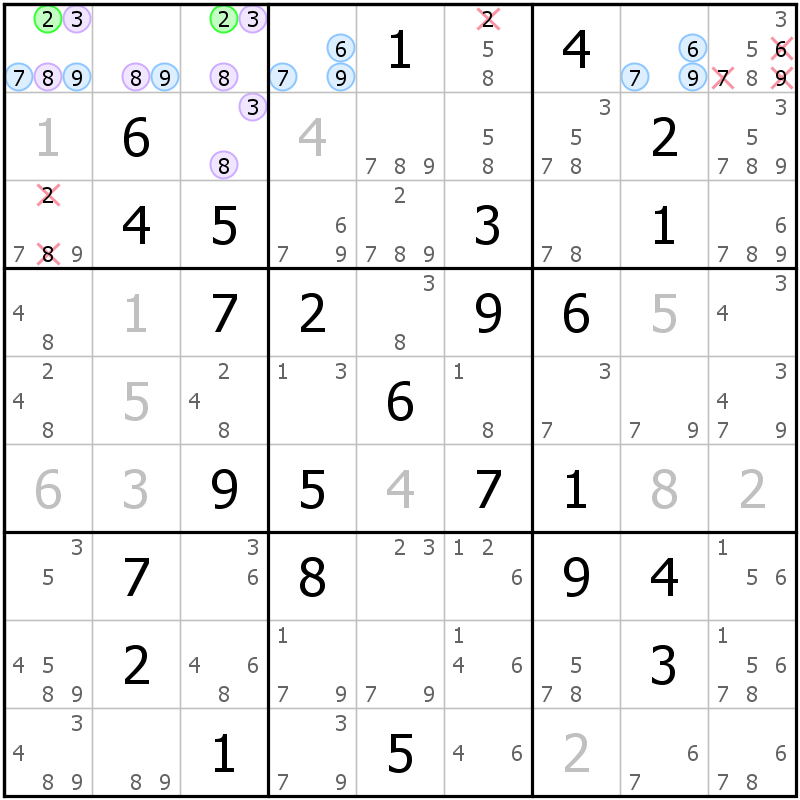 Position des candidats pour la solution de la grille page 64 du magazine de sudoku grandmaitre n° 6