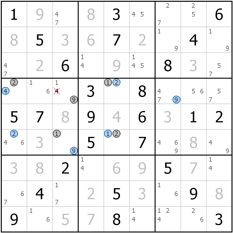 Position des candidats pour la solution de la grille page 10 du magazine de sudoku grandmaitre n° 13