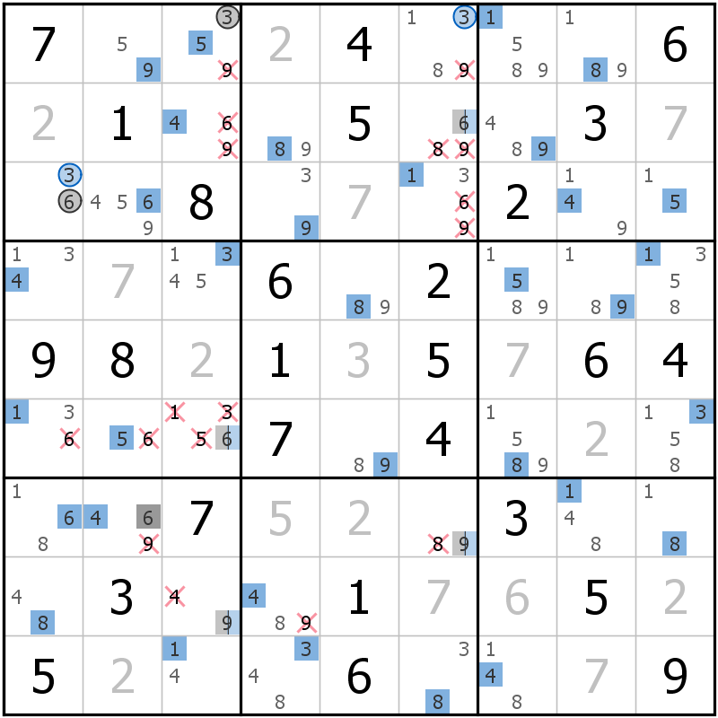 Position des candidats pour la solution de la grille page 11 du magazine de sudoku grandmaitre n° 13