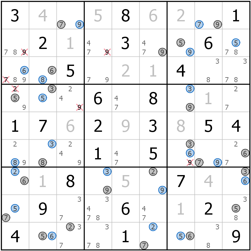 Position des candidats pour la solution de la grille page 16 du magazine de sudoku grandmaitre n° 13
