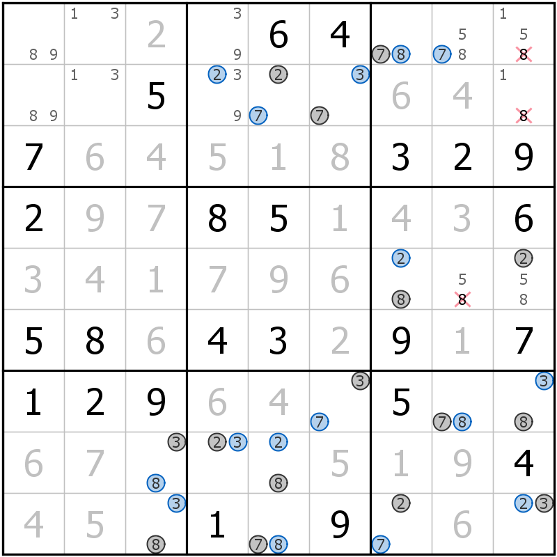 Position des candidats pour la solution de la grille page 18 du magazine de sudoku grandmaitre n° 13