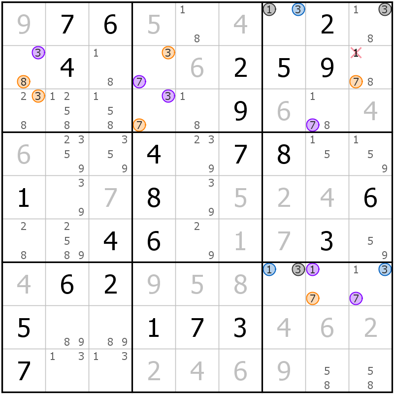 Position des candidats pour la solution de la grille page 21 du magazine de sudoku grandmaitre n° 13