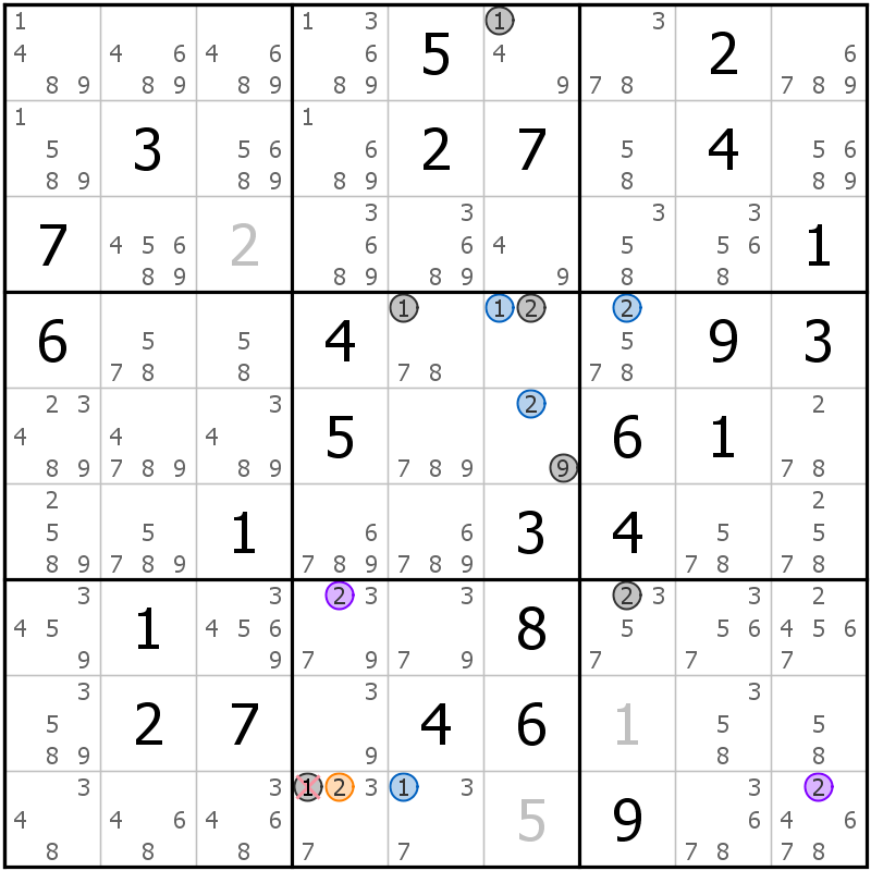Position des candidats pour la solution de la grille page 22 du magazine de sudoku grandmaitre n° 13