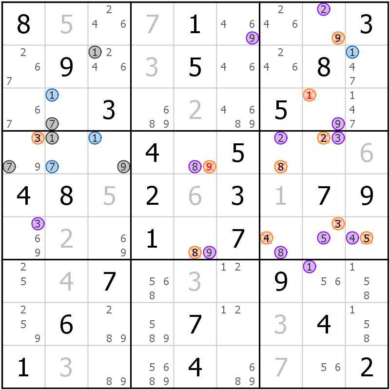 Position des candidats pour la solution de la grille page 34 du magazine de sudoku grandmaitre n° 13