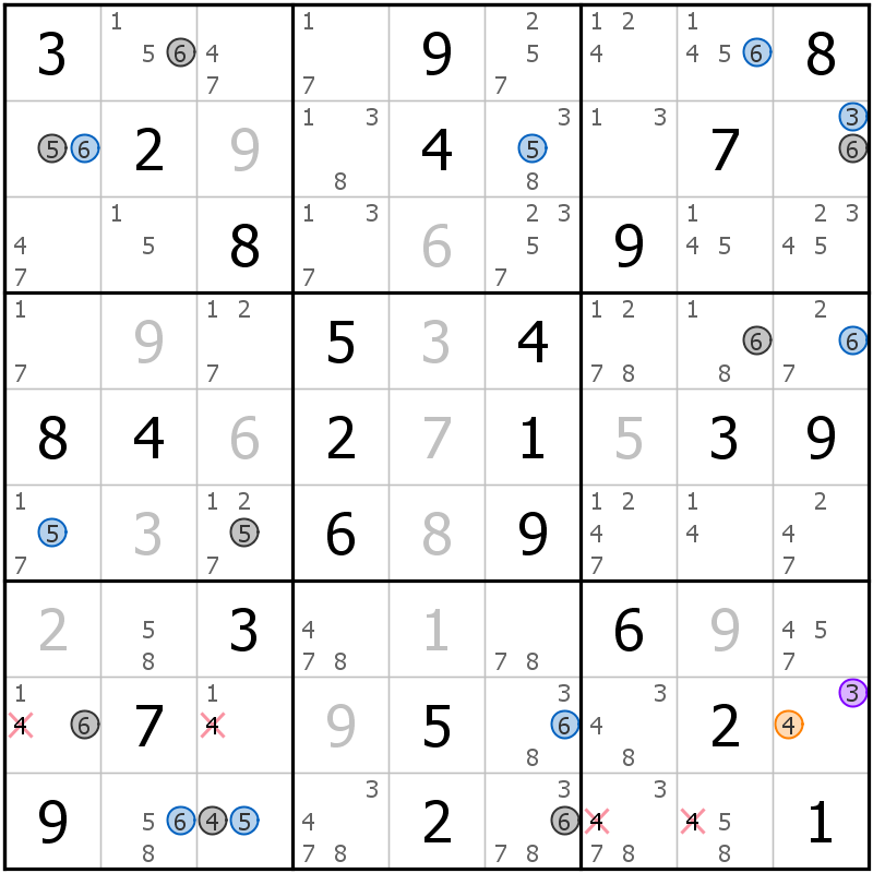 Position des candidats pour la solution de la grille page 36 du magazine de sudoku grandmaitre n° 13