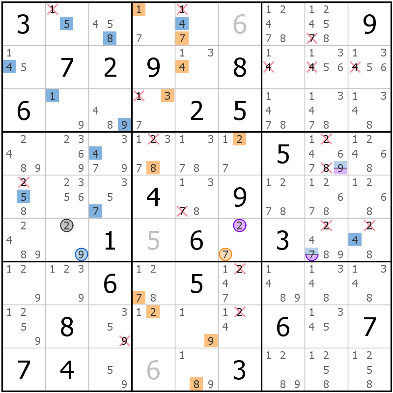Position des candidats pour la solution de la grille page 42 du magazine de sudoku grandmaitre n° 13