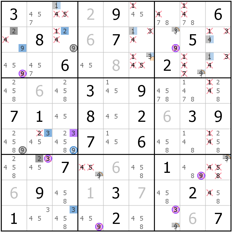 Position des candidats pour la solution de la grille page 44 du magazine de sudoku grandmaitre n° 13
