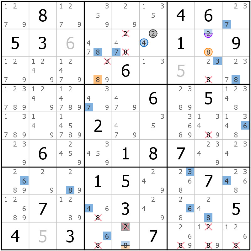 Position des candidats pour la solution de la grille page 46 du magazine de sudoku grandmaitre n° 13