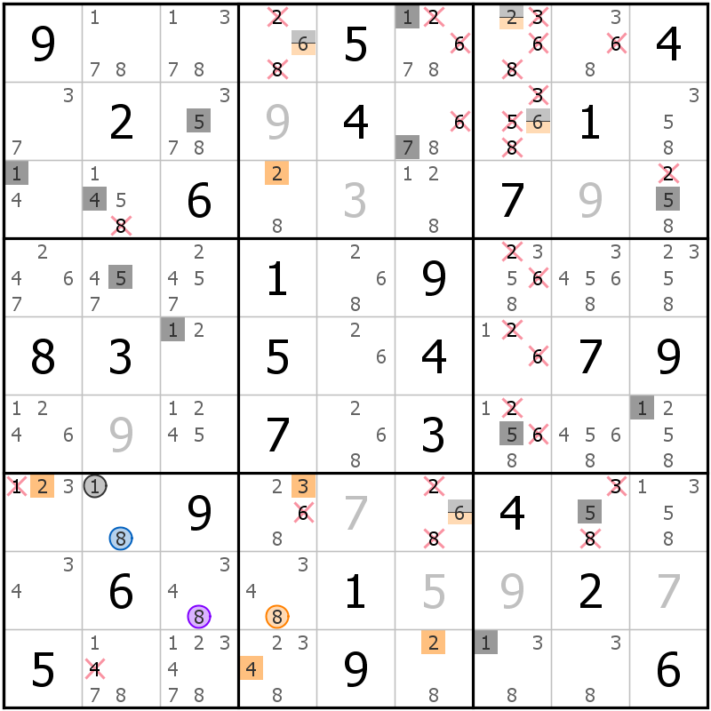 Position des candidats pour la solution de la grille page 49 du magazine de sudoku grandmaitre n° 13