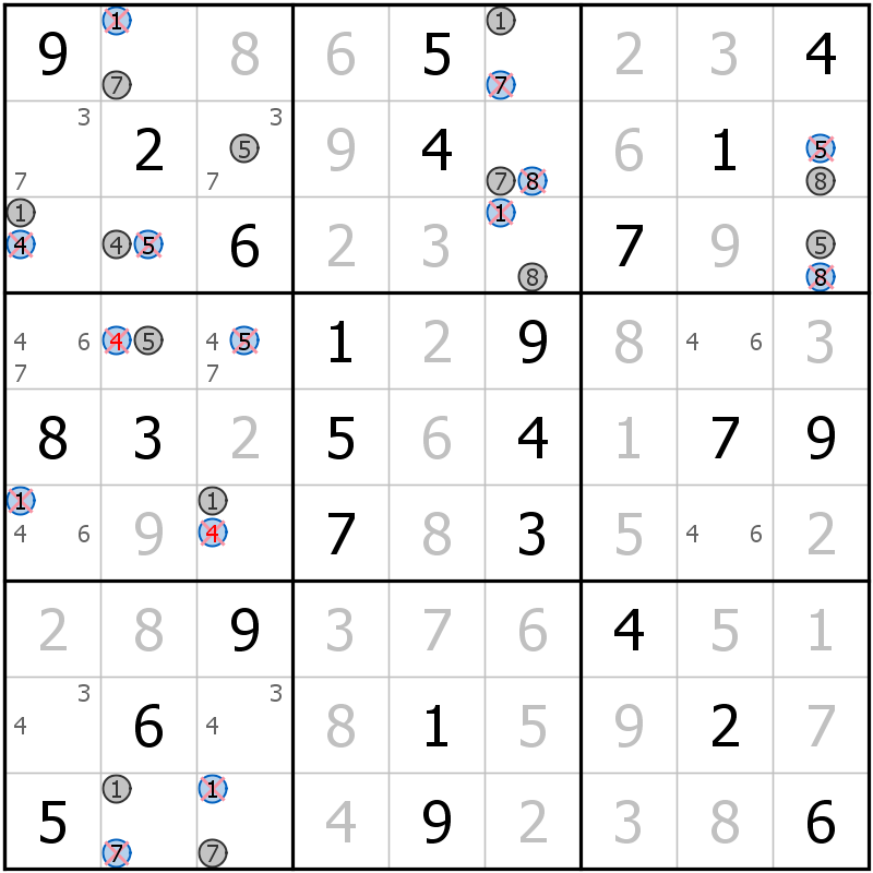 Position des candidats pour la solution de la grille page 49 du magazine de sudoku grandmaitre n° 13
