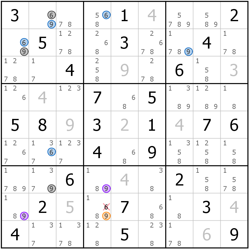 Position des candidats pour la solution de la grille page 50 du magazine de sudoku grandmaitre n° 13