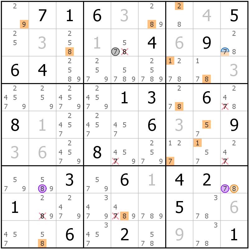 Position des candidats pour la solution de la grille page 51 du magazine de sudoku grandmaitre n° 13