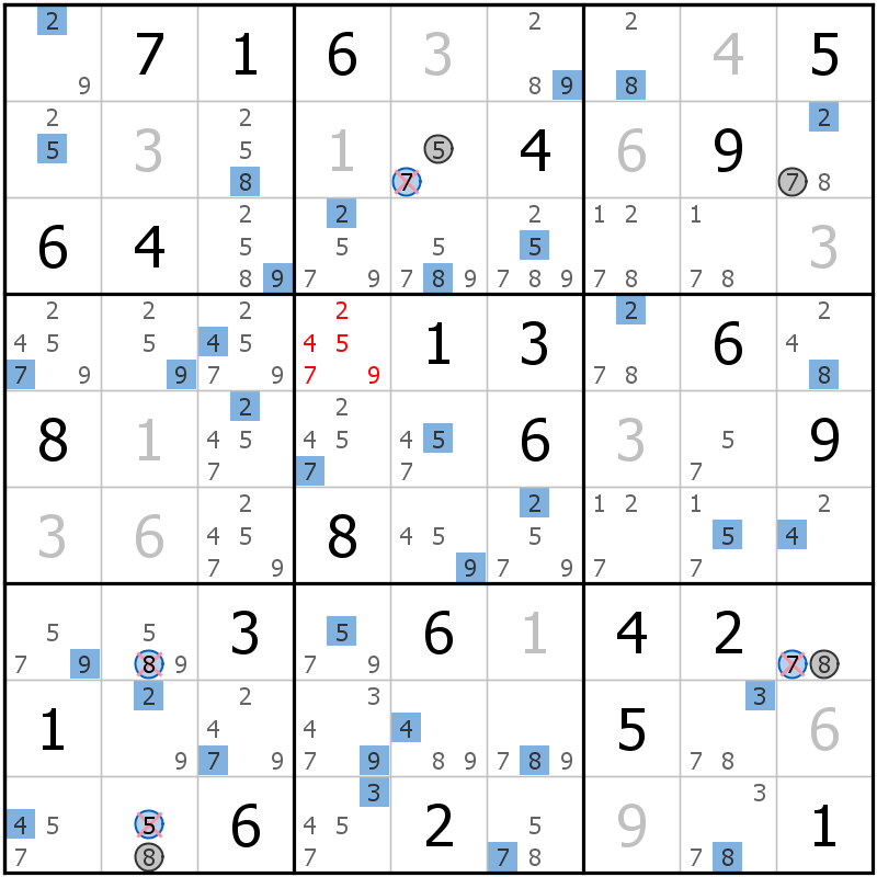 Position des candidats pour la solution de la grille page 51 du magazine de sudoku grandmaitre n° 13