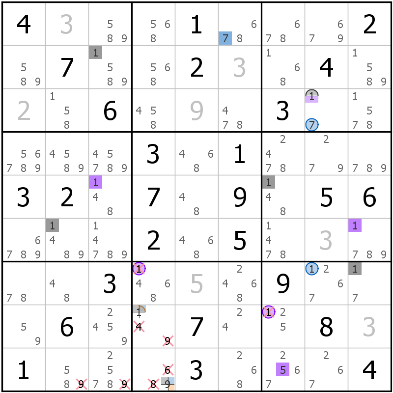 Position des candidats pour la solution de la grille page 53 du magazine de sudoku grandmaitre n° 13