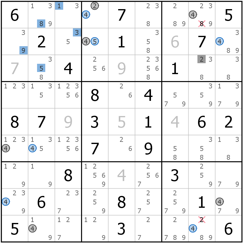 Position des candidats pour la solution de la grille page 54 du magazine de sudoku grandmaitre n° 13