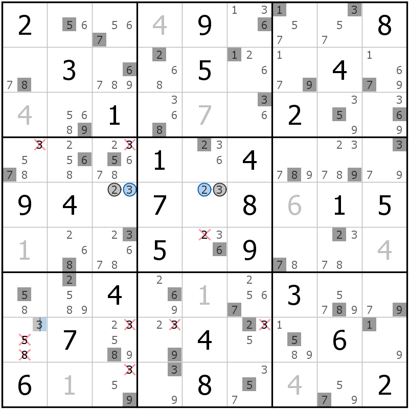Position des candidats pour la solution de la grille page 55 du magazine de sudoku grandmaitre n° 13