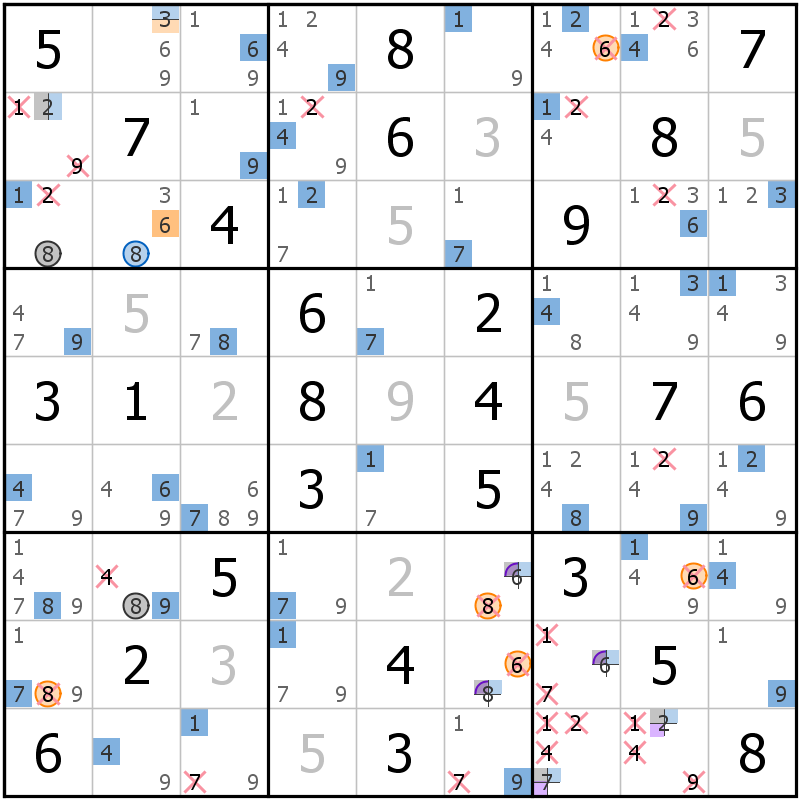 Position des candidats pour la solution de la grille page 57 du magazine de sudoku grandmaitre n° 13