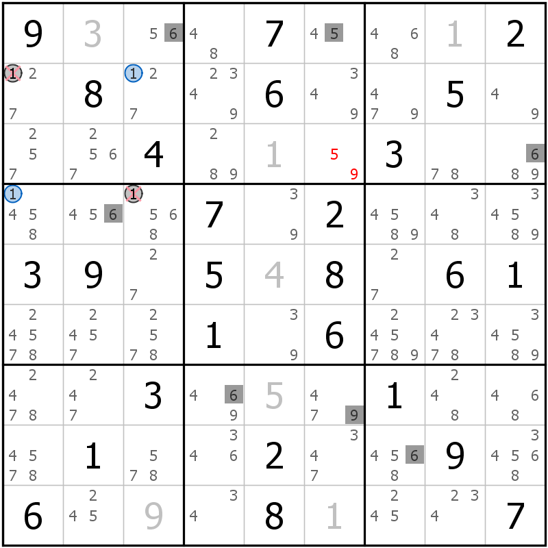 Position des candidats pour la solution de la grille page 61 du magazine de sudoku grandmaitre n° 13