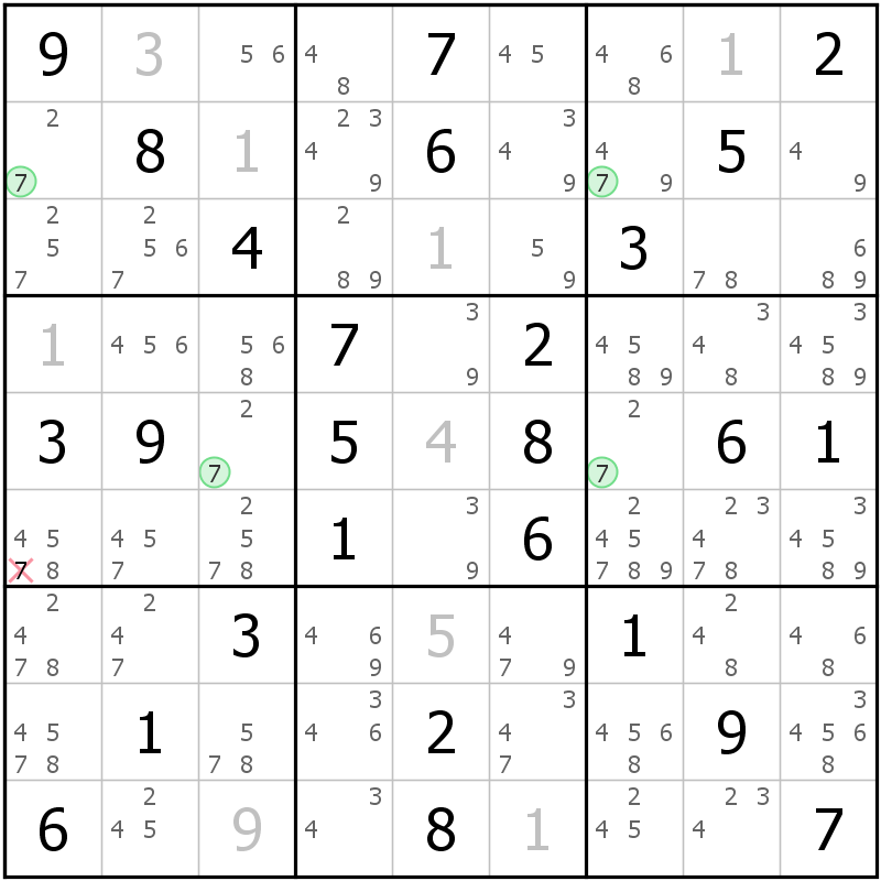 Position des candidats pour la solution de la grille page 61 du magazine de sudoku grandmaitre n° 13