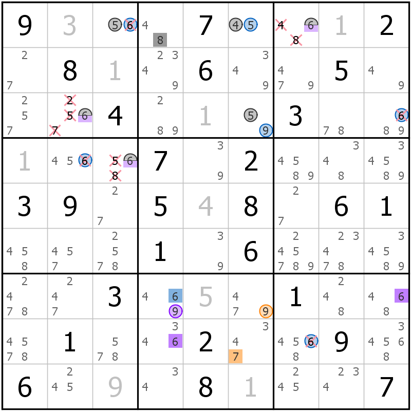 Position des candidats pour la solution de la grille page 61 du magazine de sudoku grandmaitre n° 13