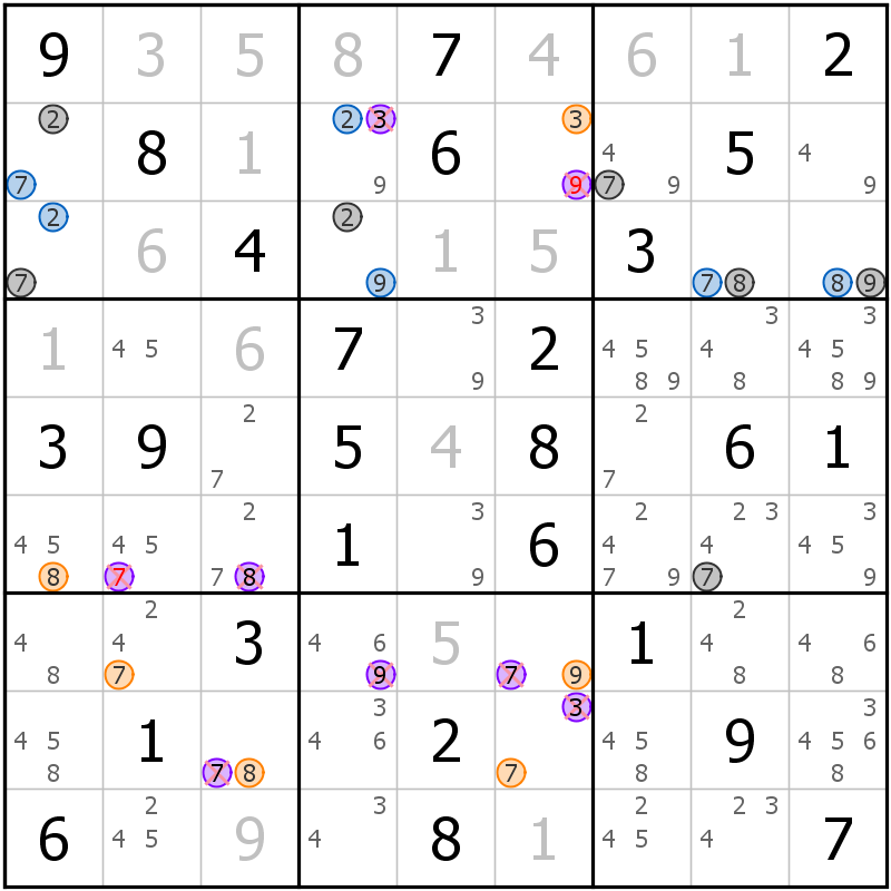 Position des candidats pour la solution de la grille page 61 du magazine de sudoku grandmaitre n° 13